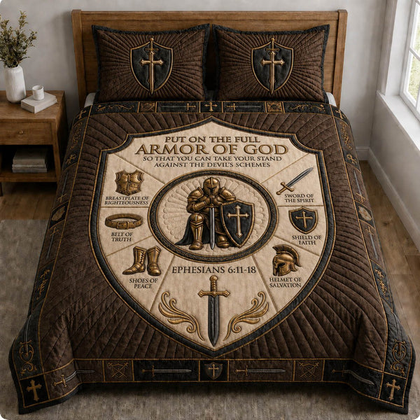 Brown Medieval Armor Of God quilted 3-piece bedding set on a made bed in a softly lit bedroom