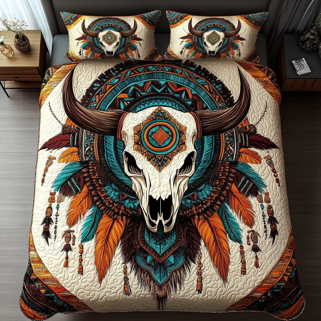 Buffalo Heritage quilted 3-piece bedding set on a made bed in a rustic timber bedroom