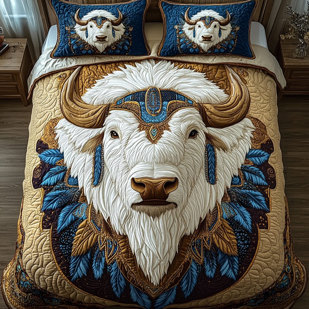 Buffalo Horizon quilted 3-piece bedding set on a made bed in a rustic timber bedroom
