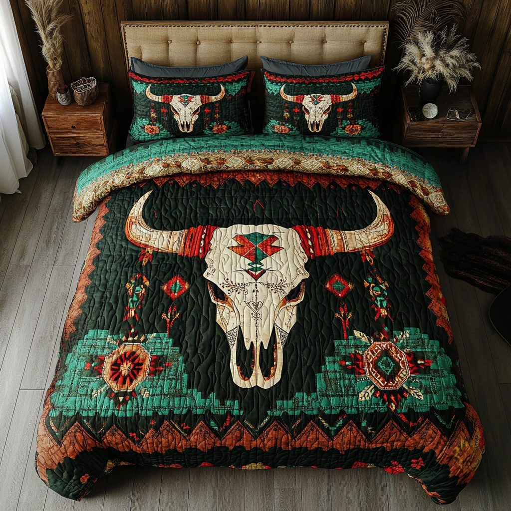Buffalo Spirit quilted 3-piece bedding set on a made bed in a rustic timber bedroom