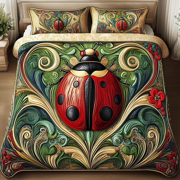 Bug Garden quilted 3-piece bedding set on a made bed with two matching pillow shams