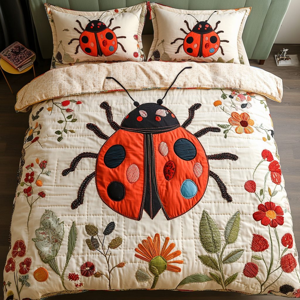 Bug Garden quilted 3-piece bedding set on a made bed with two matching pillow shams