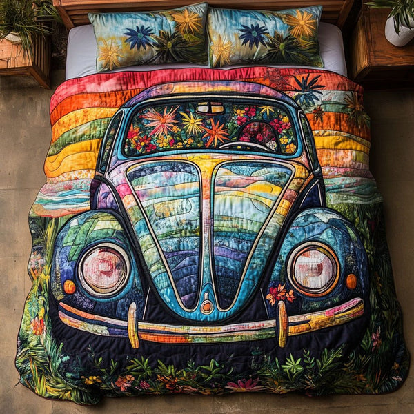 Bug Life Bliss quilted 3-piece bedding set on a made bed with two matching pillow shams