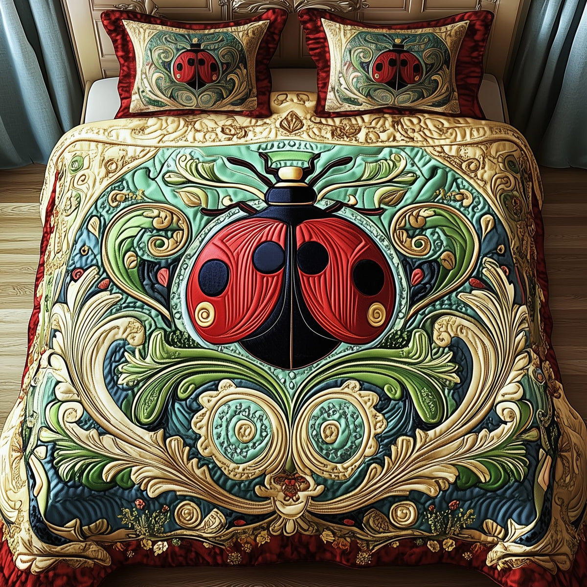 Bug Paradise quilted 3-piece bedding set on a made bed with two matching pillow shams
