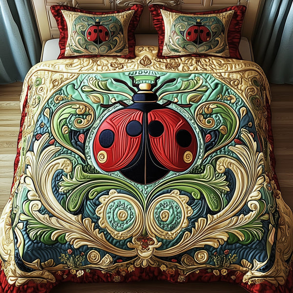 Bug Paradise quilted 3-piece bedding set on a made bed with two matching pillow shams