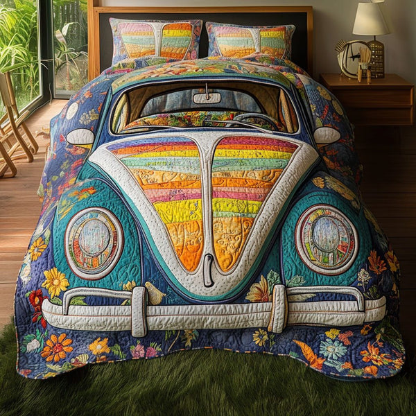 Bug Tracks quilted 3-piece bedding set on a made bed with two matching pillow shams