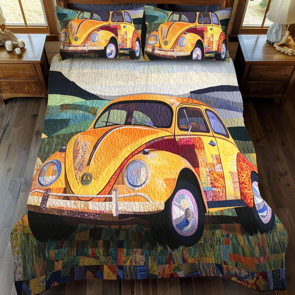 Buggy Paradise quilted 3-piece bedding set on a made bed with two matching pillow shams