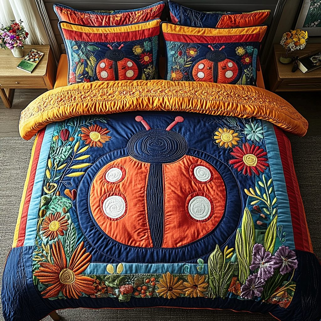 Bugsy Comfort quilted 3-piece bedding set on a made bed with two matching pillow shams