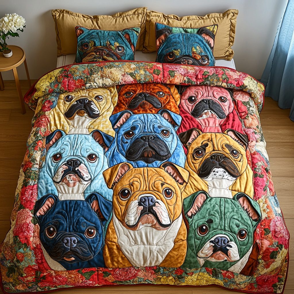 Bulldog Bliss quilted 3-piece bedding set on a made bed with two matching pillow shams