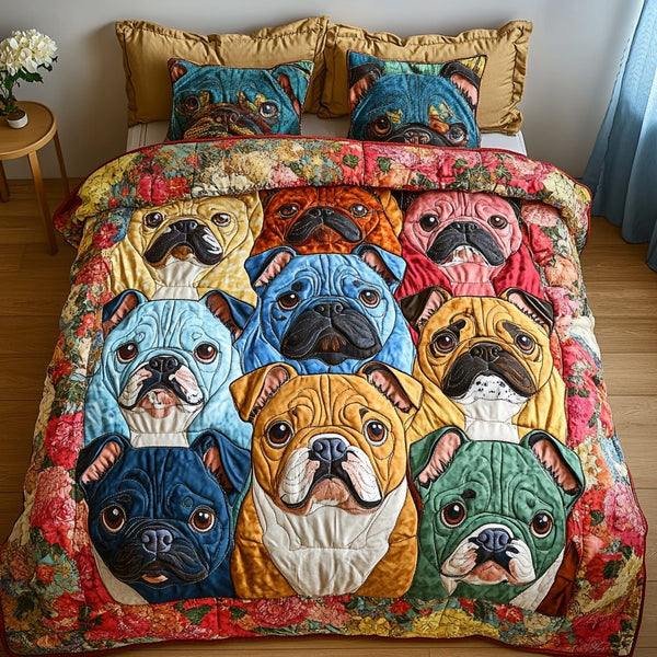 Bulldog Bliss quilted 3-piece bedding set on a made bed with two matching pillow shams
