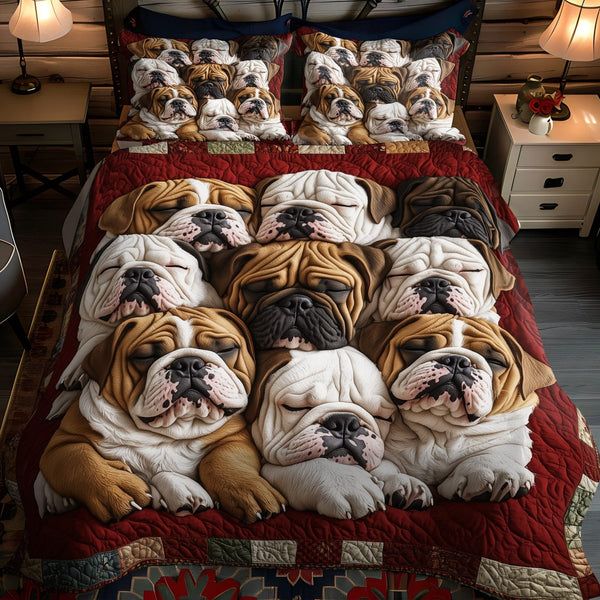 Bulldog Comfort quilted 3-piece bedding set on a made bed with two matching pillow shams