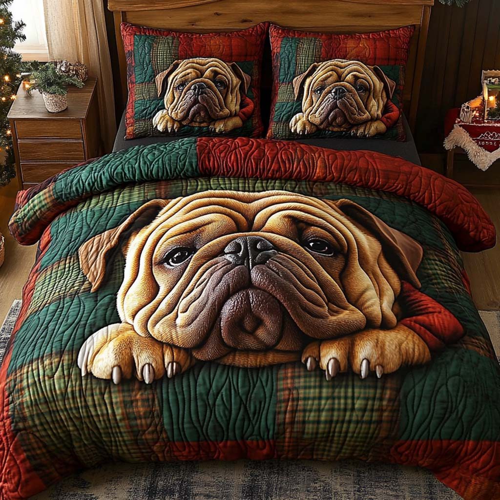 Bulldog Cozy quilted 3-piece bedding set on a made bed with two matching pillow shams