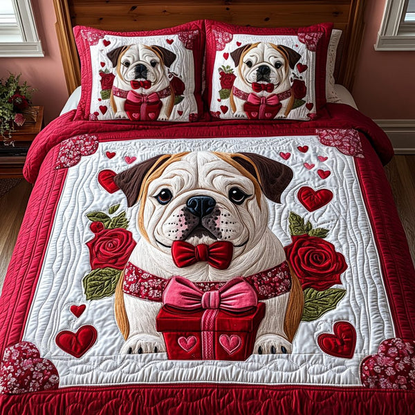 Bulldog Love quilted 3-piece bedding set on a made bed with two matching pillow shams