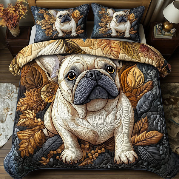 Bulldog quilted 3-piece bedding set on a made bed with two matching pillow shams