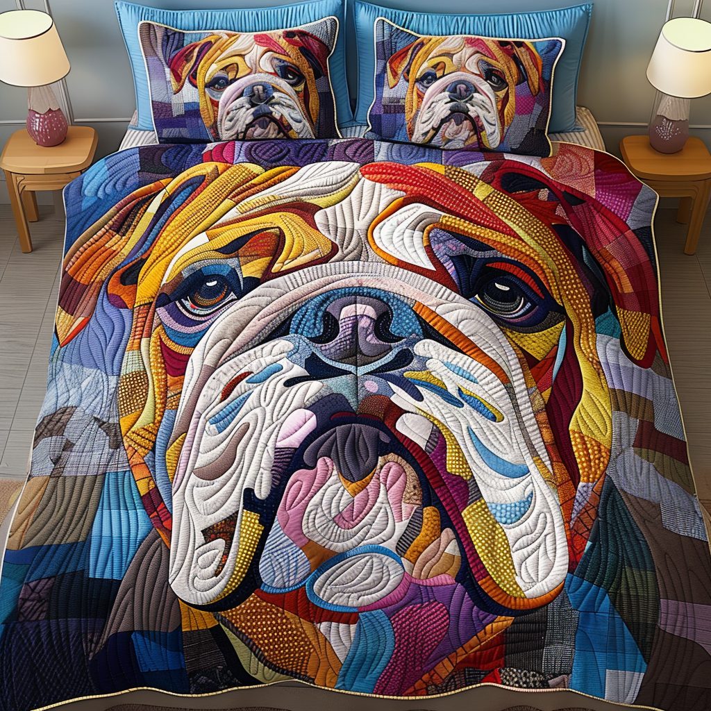 Bulldog Warmth quilted 3-piece bedding set on a made bed with two matching pillow shams