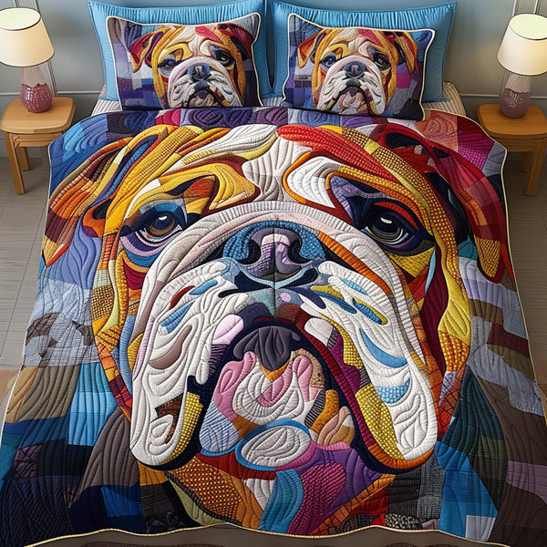 Bulldog Warmth quilted 3-piece bedding set on a made bed with two matching pillow shams