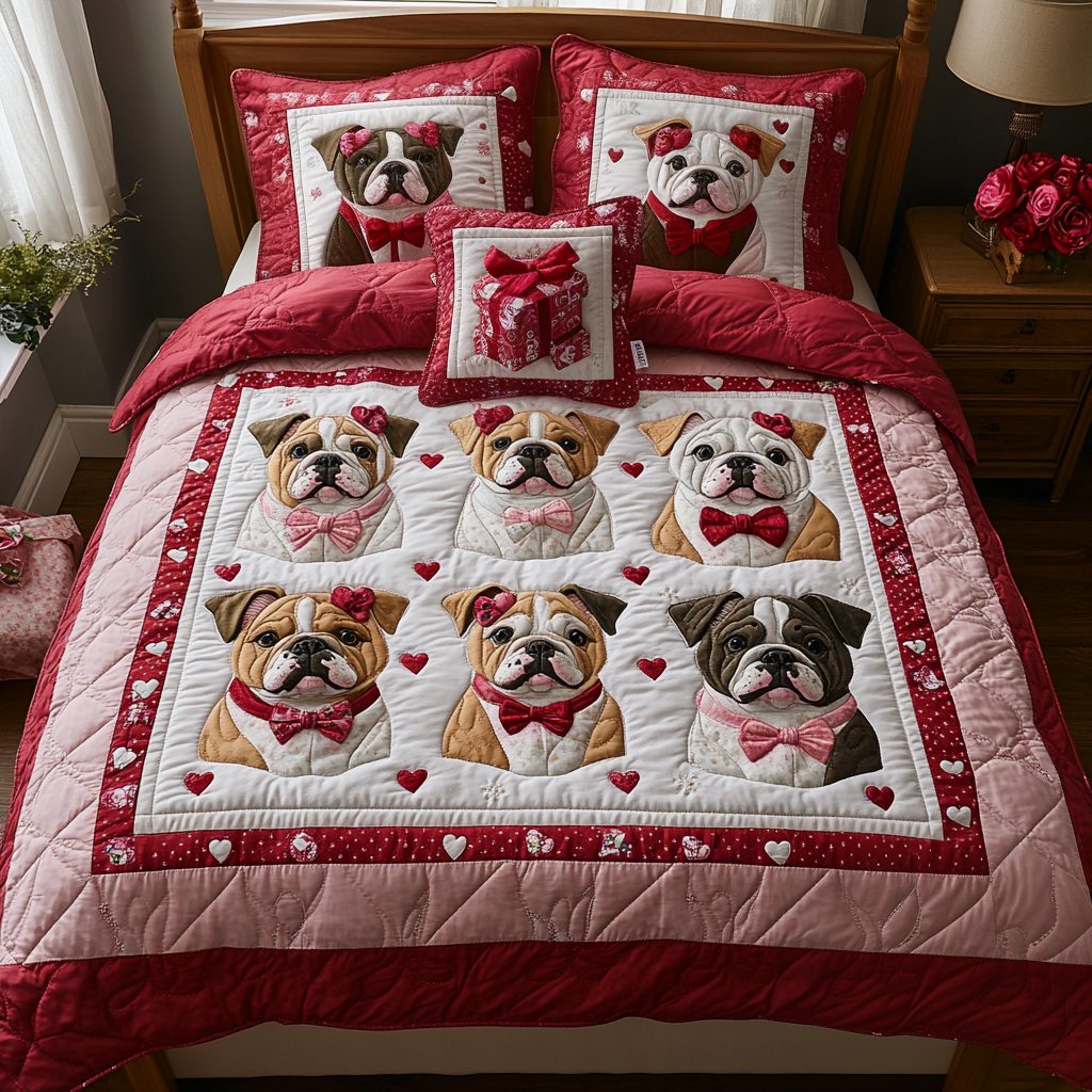 Bulldog Wonderland quilted 3-piece bedding set on a made bed with two matching pillow shams