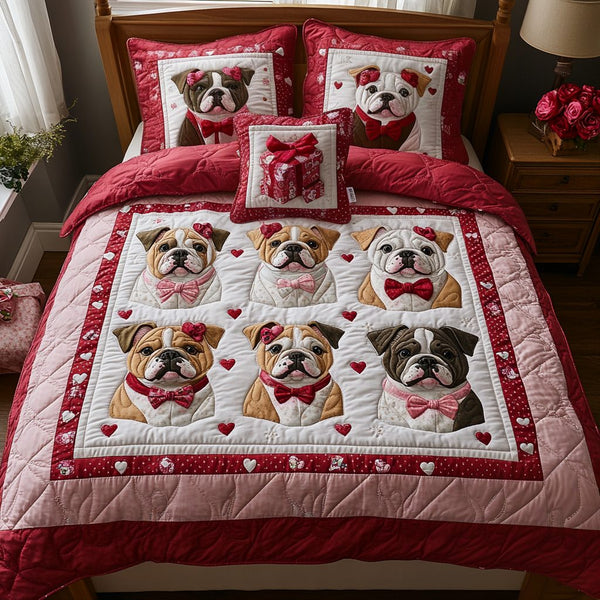 Bulldog Wonderland quilted 3-piece bedding set on a made bed with two matching pillow shams