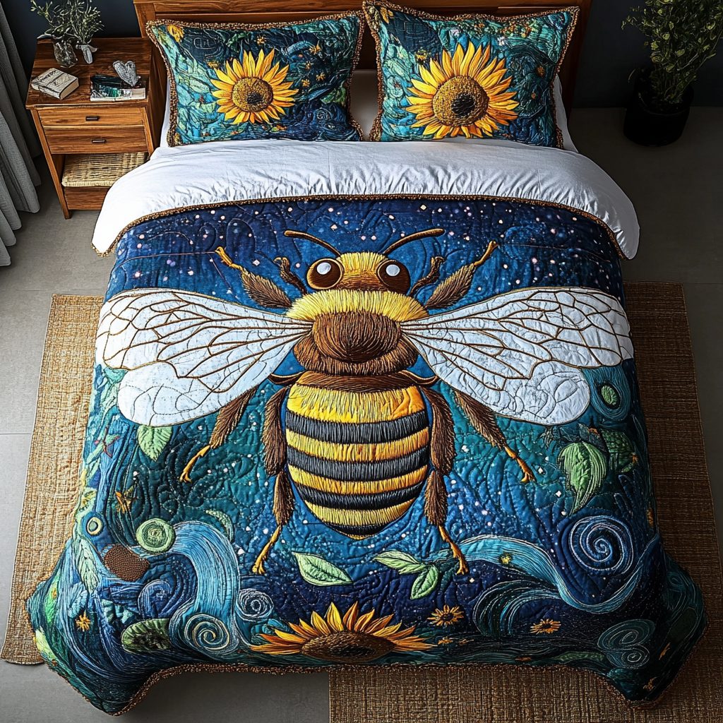 Bumble Bliss quilted 3-piece bedding set on a made bed with two matching pillow shams