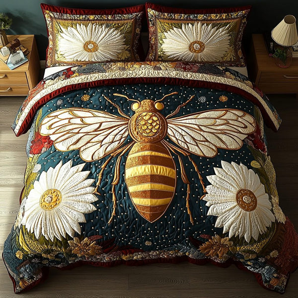 Bumble Bliss quilted 3-piece bedding set on a made bed with two matching pillow shams