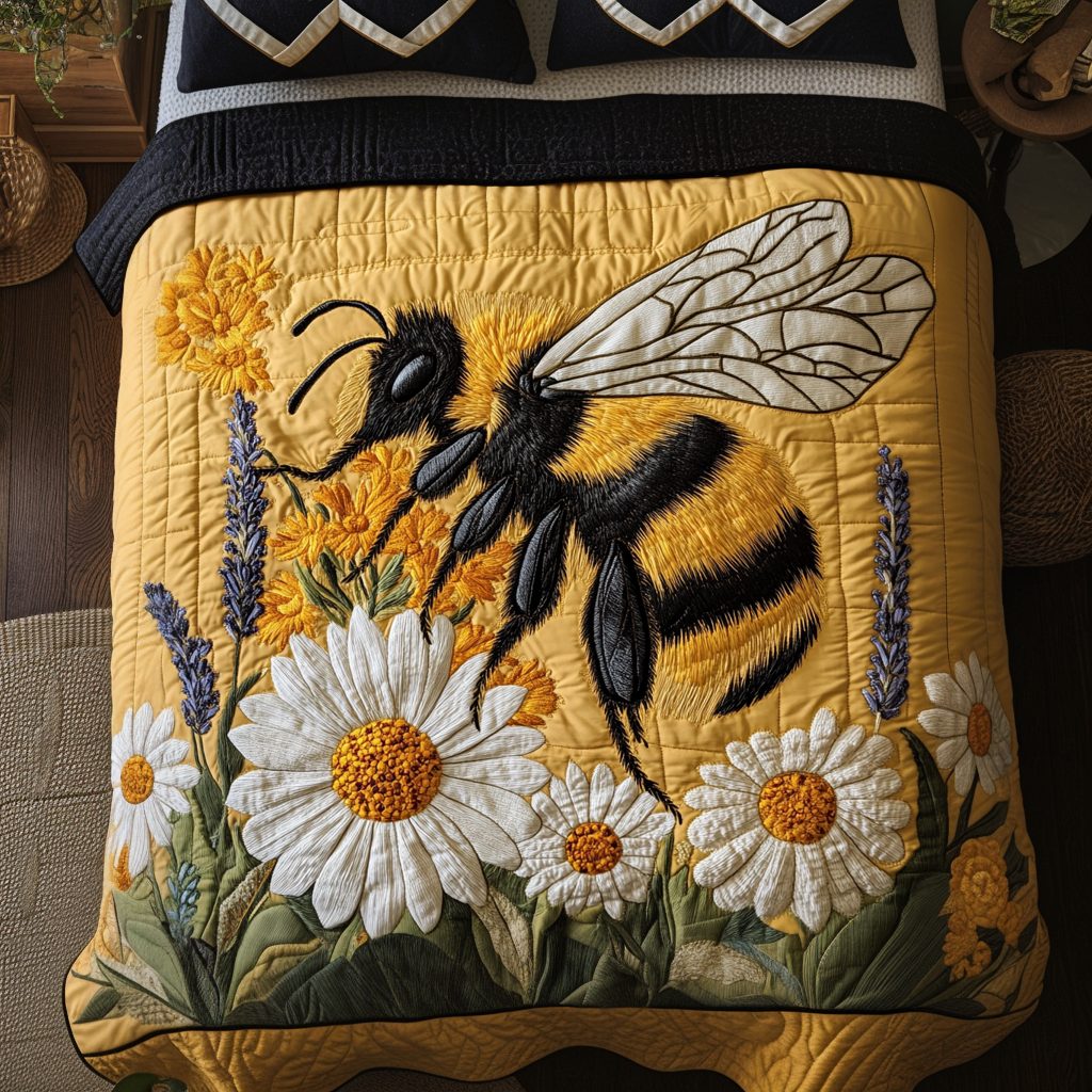 Bumble Bloom quilted 3-piece bedding set on a made bed with two matching pillow shams