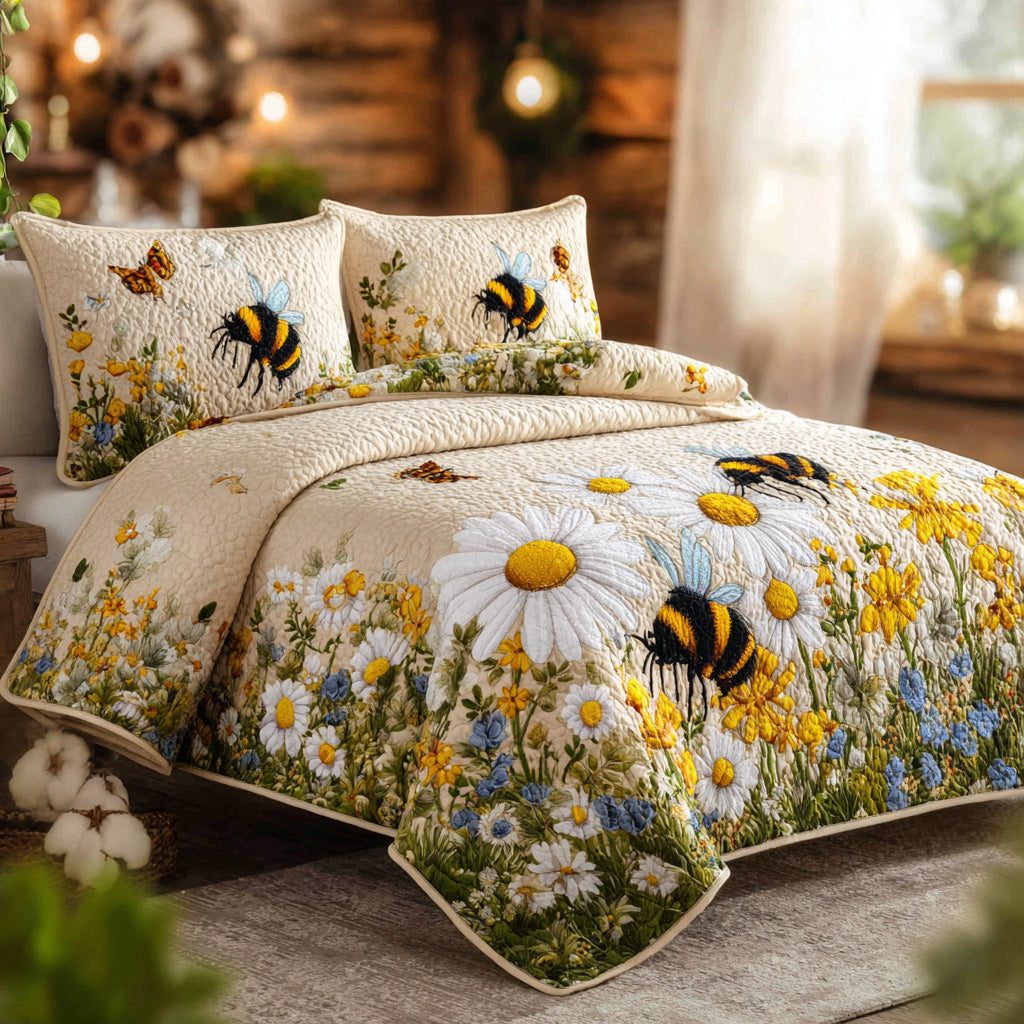 Bumblebee Daisy Meadow quilted 3-piece bedding set on a made bed with two matching pillow shams