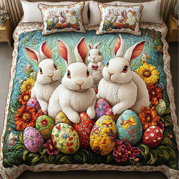 Bunny Haven quilted 3-piece bedding set on a made bed with two matching pillow shams