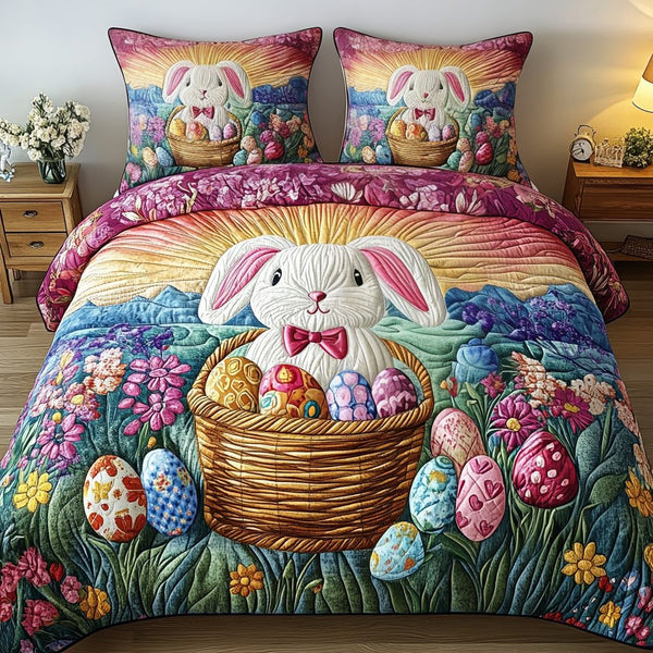 Bunny Hop Comfort quilted 3-piece bedding set on a made bed with two matching pillow shams