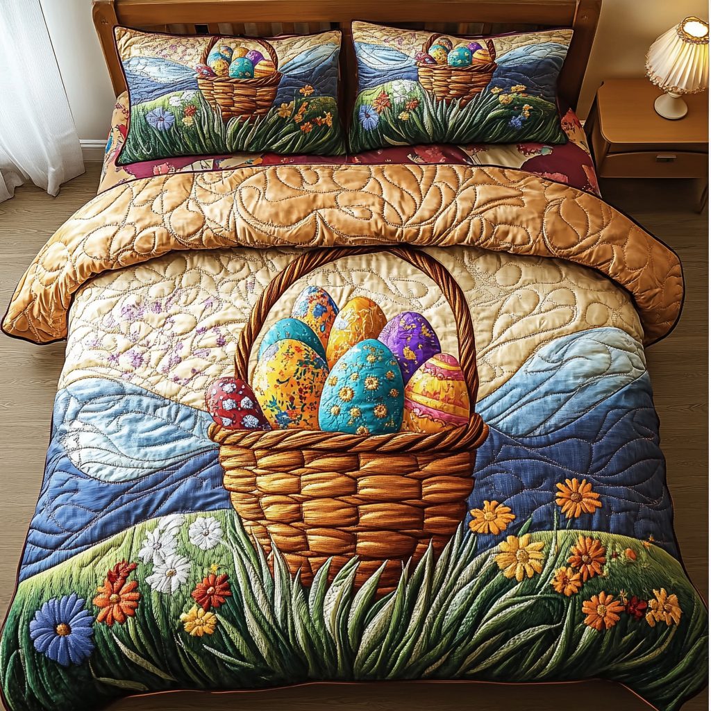 Bunny Treasure quilted 3-piece bedding set on a made bed with two matching pillow shams