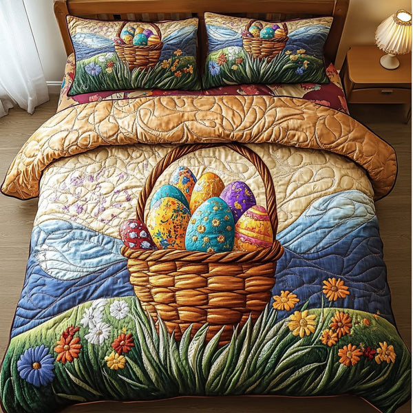 Bunny Treasure quilted 3-piece bedding set on a made bed with two matching pillow shams