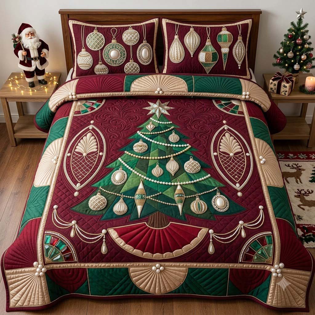 Burgundy Heirloom Bauble Tree quilted 3-piece bedding set on a made bed with two matching pillow shams