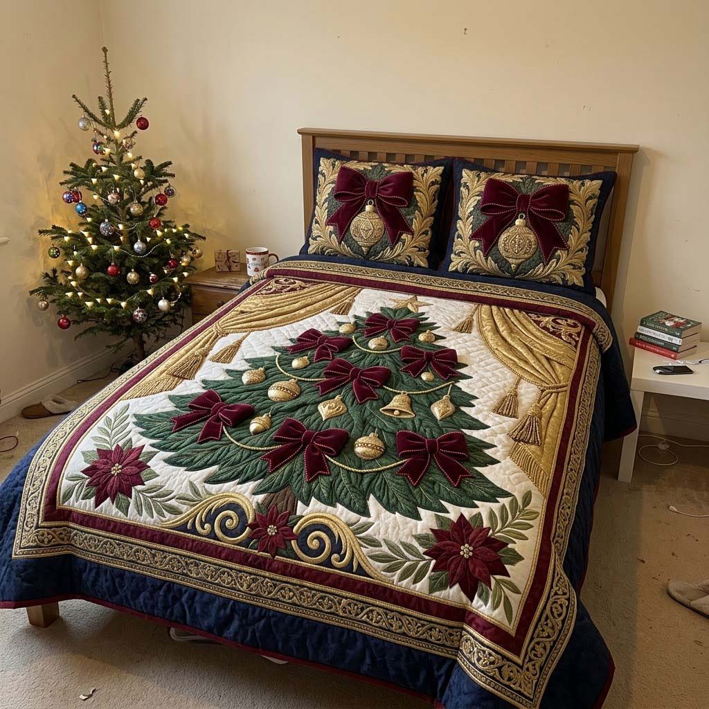 Burgundy Victorian Christmas Tree quilted 3-piece bedding set on a made bed in a winter-styled bedroom