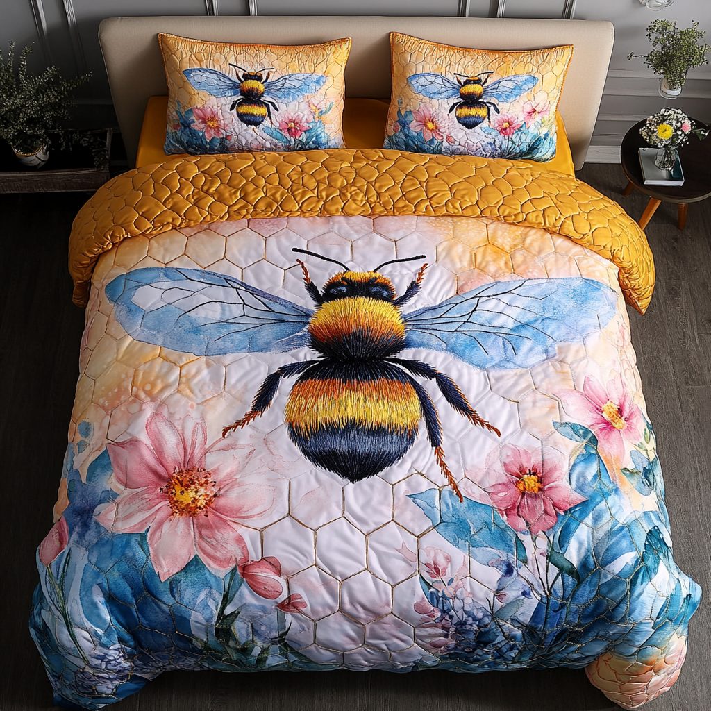 Busy Bee Bliss quilted 3-piece bedding set on a made bed with two matching pillow shams