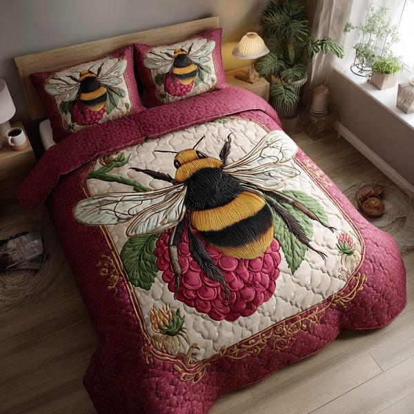 Busy Bee quilted 3-piece bedding set on a made bed with two matching pillow shams