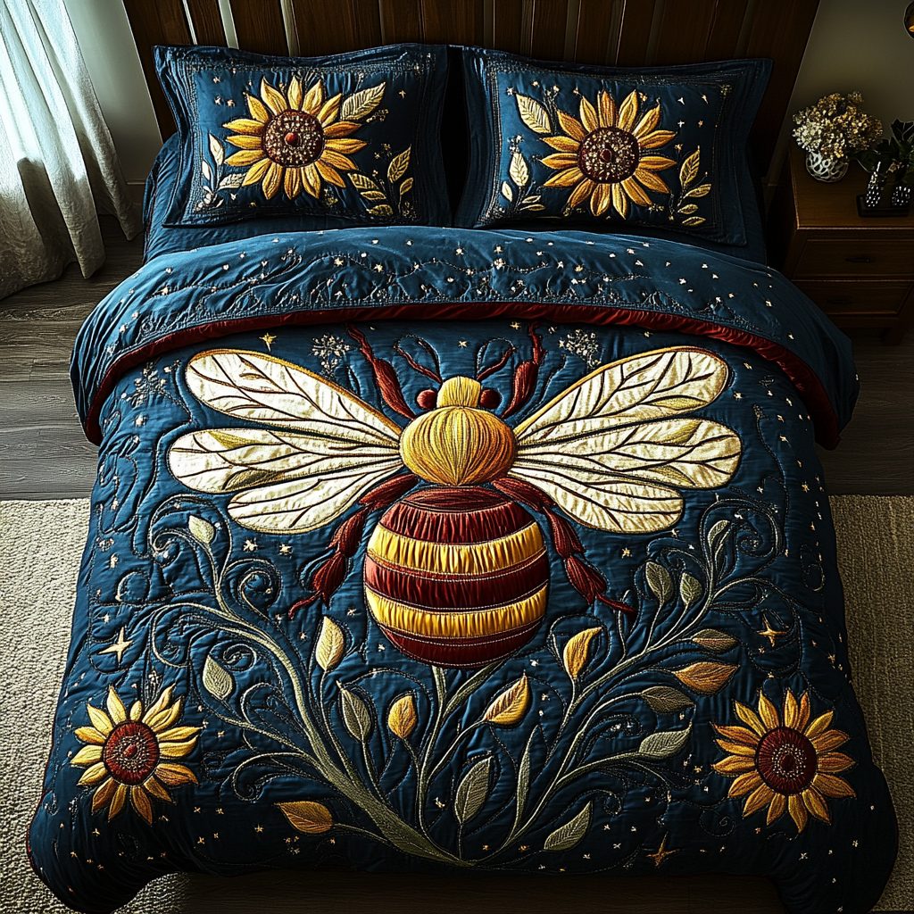 Busy Hive quilted 3-piece bedding set on a made bed with two matching pillow shams