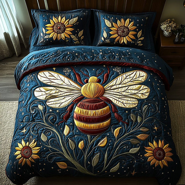 Busy Hive quilted 3-piece bedding set on a made bed with two matching pillow shams