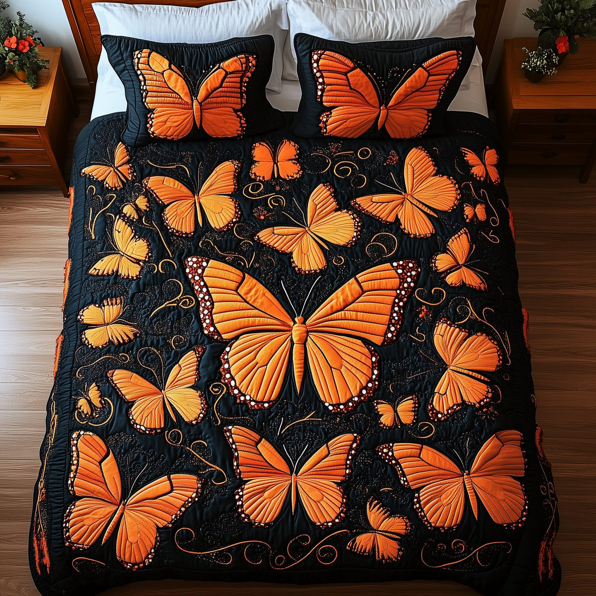 Butterflies Deep Night quilted 3-piece bedding set on a made bed with two matching pillow shams