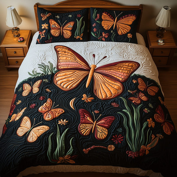 Butterflies Deep Night quilted 3-piece bedding set on a made bed with two matching pillow shams