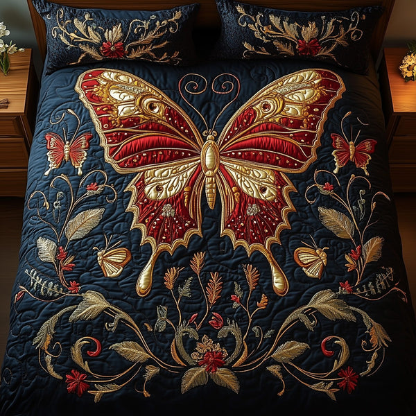 Butterflies Elegance of Nature quilted 3-piece bedding set on a made bed with two matching pillow shams