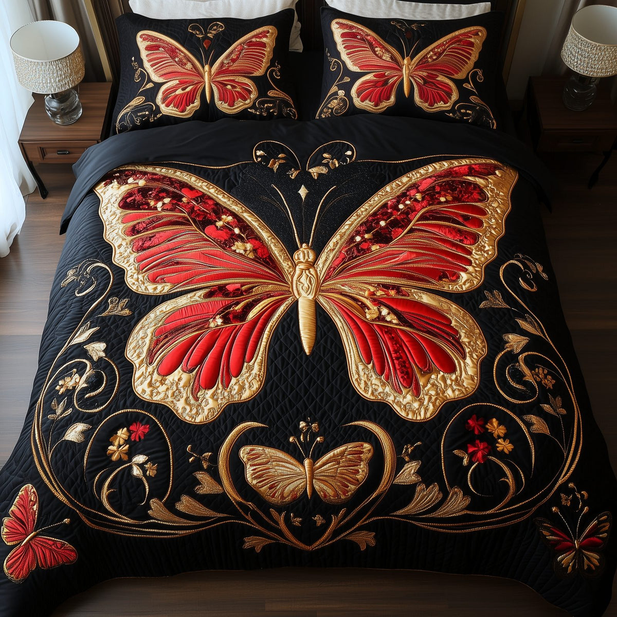 Butterflies Elegance of Nature quilted 3-piece bedding set on a made bed with two matching pillow shams