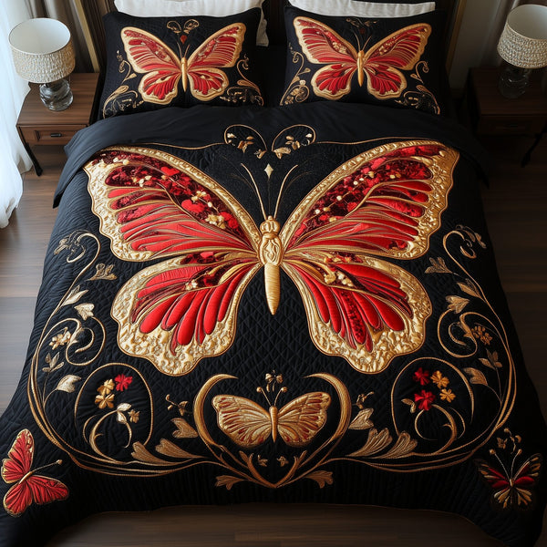 Butterflies Elegance of Nature quilted 3-piece bedding set on a made bed with two matching pillow shams