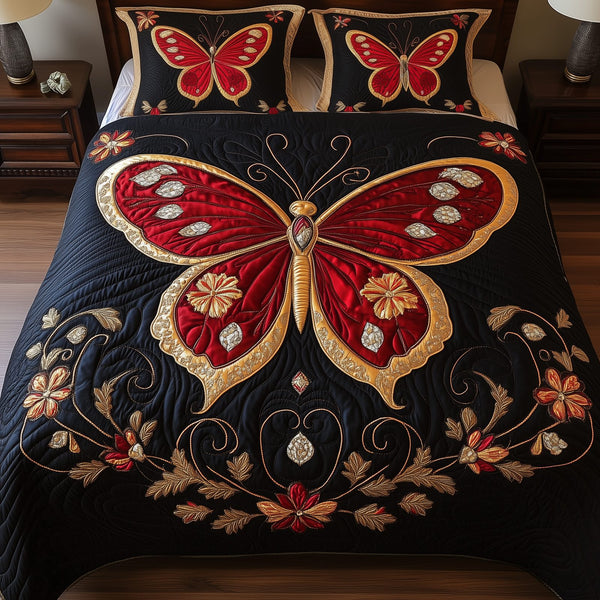 Butterflies Elegance of Nature quilted 3-piece bedding set on a made bed with two matching pillow shams
