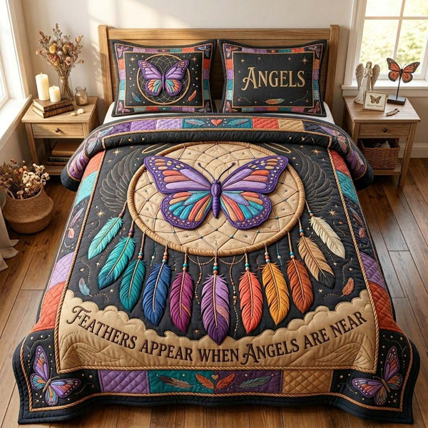 Butterfly Angel Dream quilted 3-piece bedding set on a made bed in a softly lit bedroom