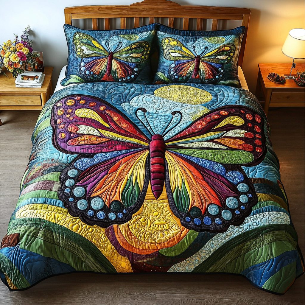 Butterfly Bliss quilted 3-piece bedding set on a made bed with two matching pillow shams