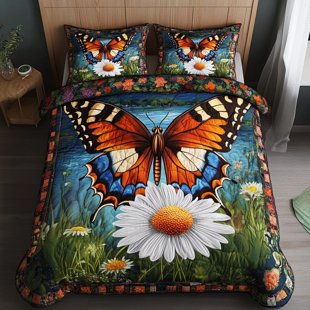 Butterfly Bliss quilted 3-piece bedding set on a made bed with two matching pillow shams