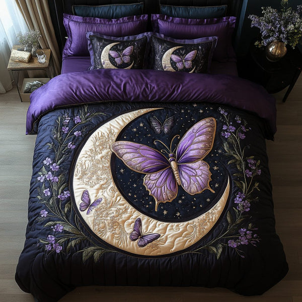 Butterfly Bliss quilted 3-piece bedding set on a made bed with two matching pillow shams