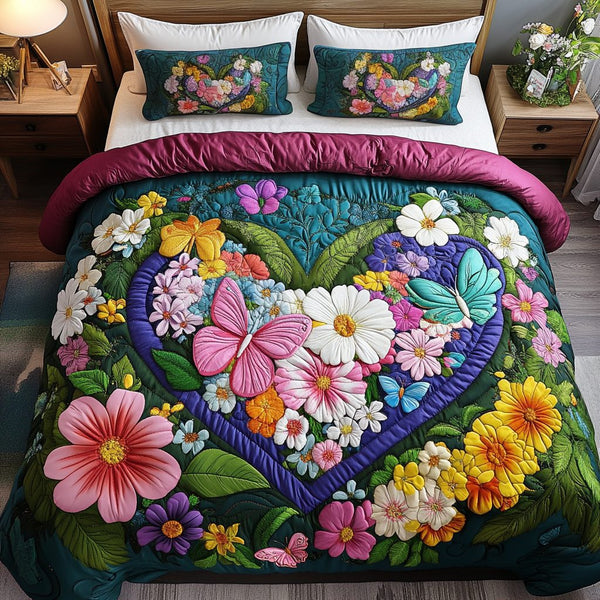 Butterfly Bloom quilted 3-piece bedding set on a made bed with two matching pillow shams