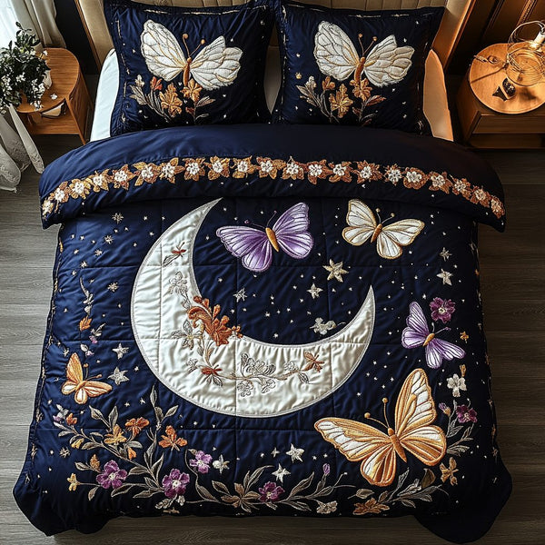 Butterfly Bloom quilted 3-piece bedding set on a made bed with two matching pillow shams