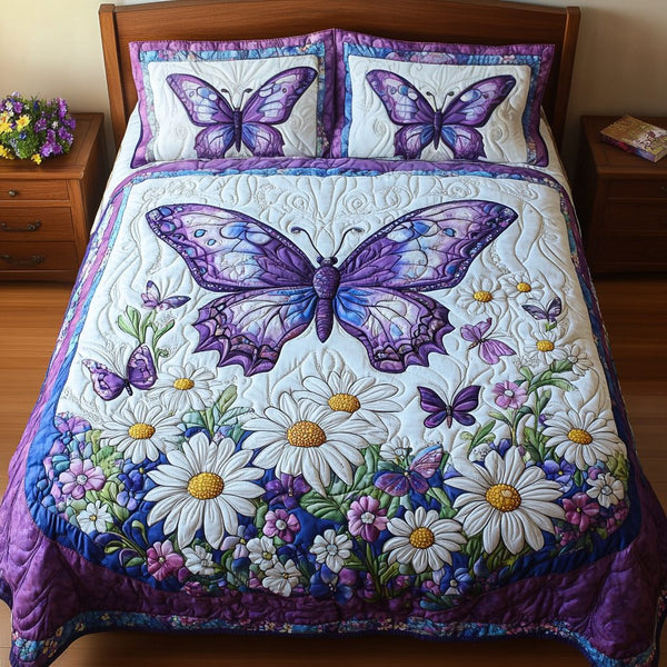 Butterfly Bloom quilted 3-piece bedding set on a made bed with two matching pillow shams