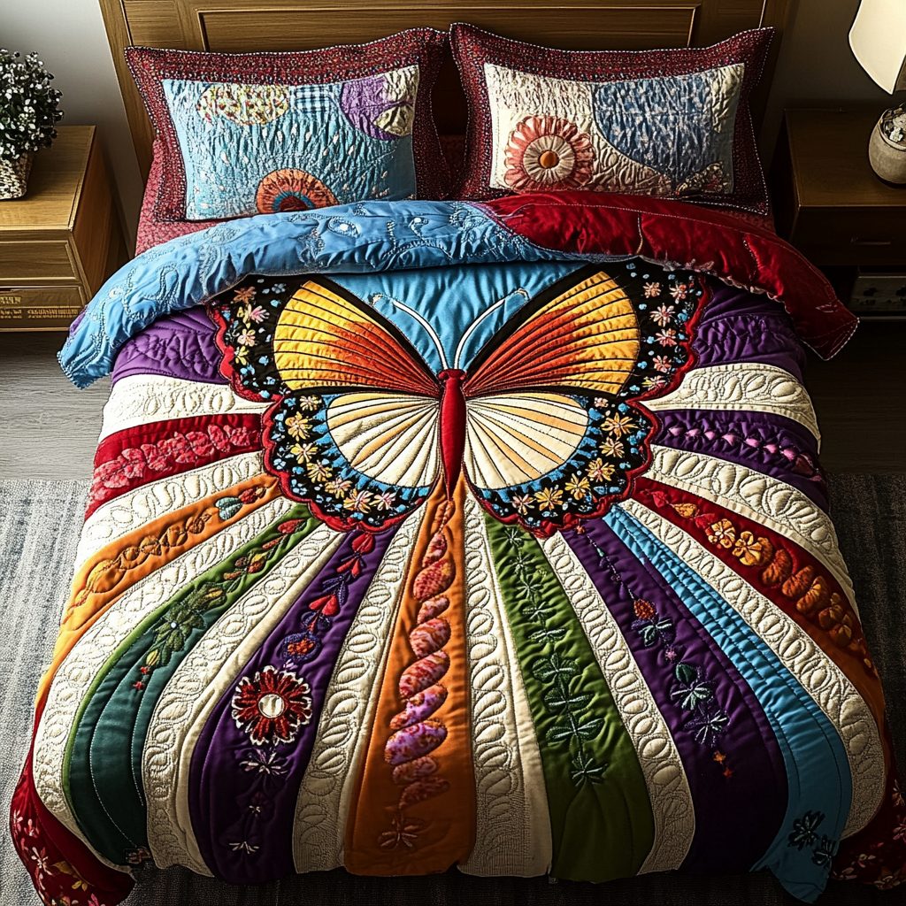 Butterfly Bloom quilted 3-piece bedding set on a made bed with two matching pillow shams